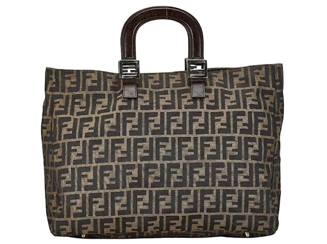 Sac à main en toile Zucca Fendi en cuir marron en très bon état  ref.1401571