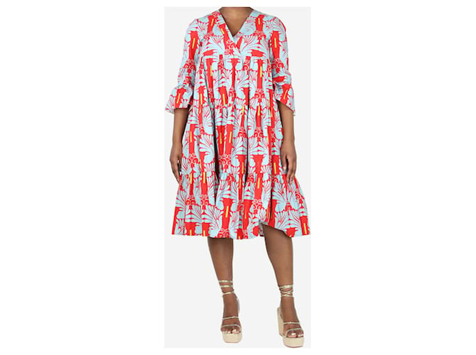 Autre Marque Robe midi à volants imprimé floral rouge et bleu - taille M Coton  ref.1401633