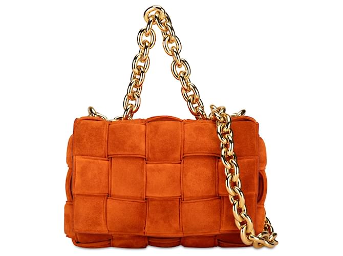 Cartable cassette à chaîne rembourrée Bottega Veneta en daim orange Intrecciato Suede Cuir  ref.1402073