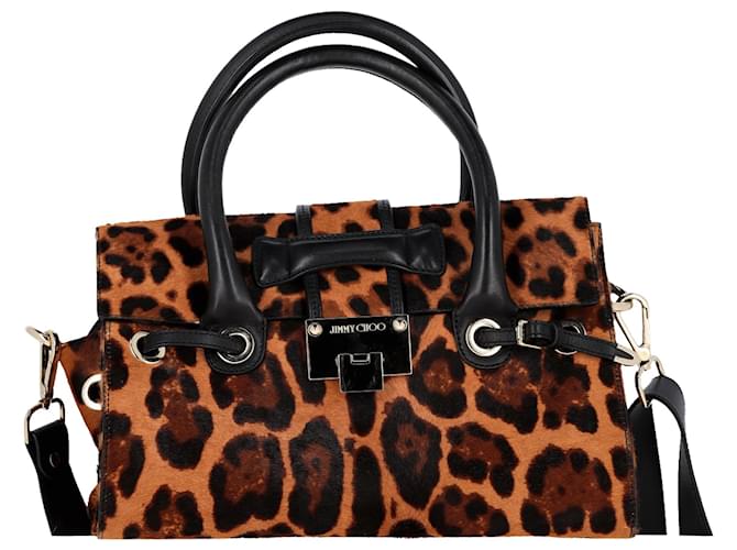 Bolso con asa superior Rosalie con estampado de leopardo Jimmy Choo en pelo de becerro naranja y cuero negro  ref.1402188