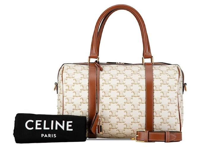 Céline Triomphe Canvas Mini Boston Bag in Very Good Condition White Cloth  ref.1402219