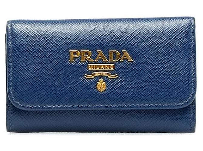 Estojo para chaves em couro Saffiano Prada 1PG222 azul em muito bom estado  ref.1402259