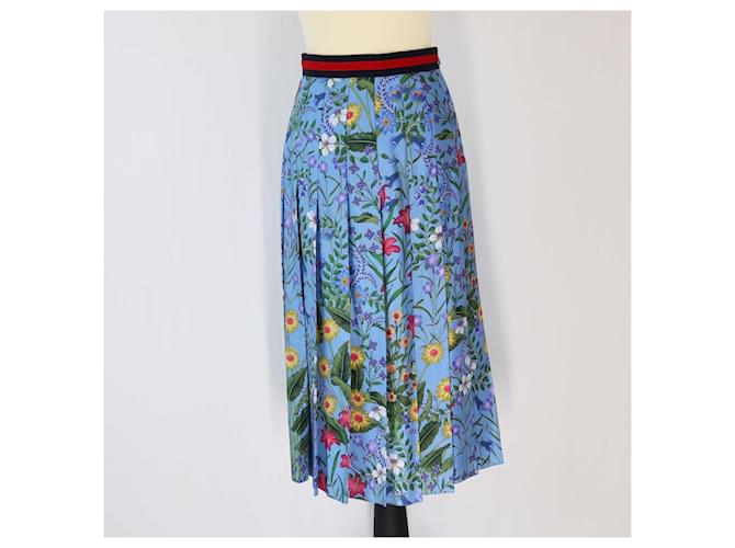 Falda midi plisada con estampado floral azul de Gucci Seda  ref.1402819