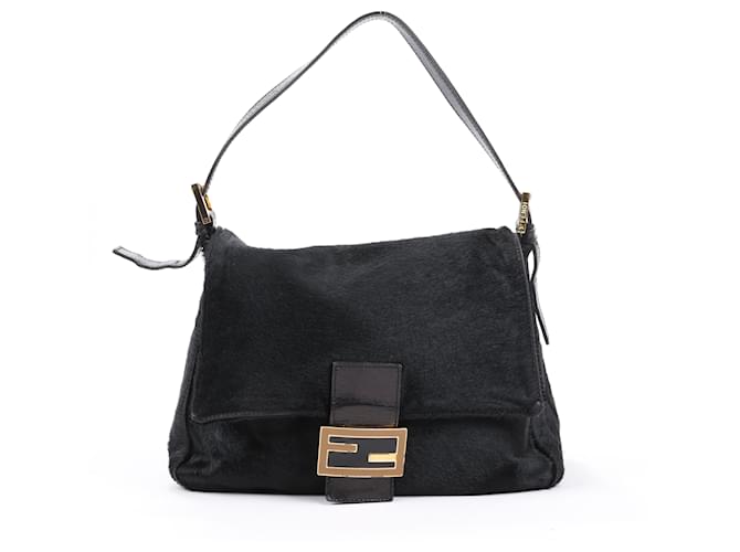 FENDI Mamma Baguette en piel de becerro estilo pony negra y bolso de hombro con herrajes dorados Negro  ref.1402839