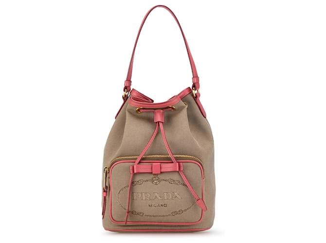 Bow Prada Brown Canapa Logo Bucket Bag Leather Cloth Pony-style calfskin Cloth  ref.1403638