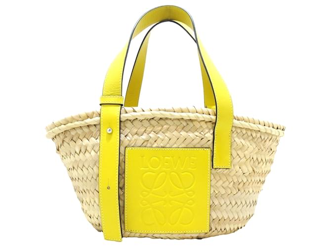 Tote tipo cesta de rafia pequeño marrón Loewe Castaño Beige Amarillo Cuero Becerro  ref.1403639