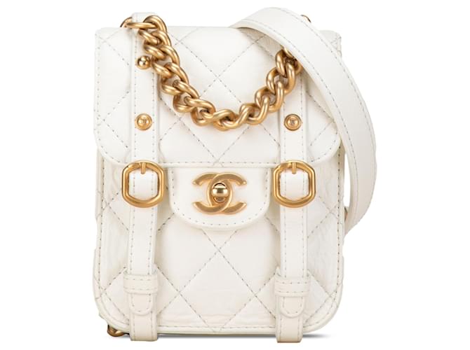 Chanel Mini solapa City School de piel de becerro arrugada blanca Blanco Cuero  ref.1403716