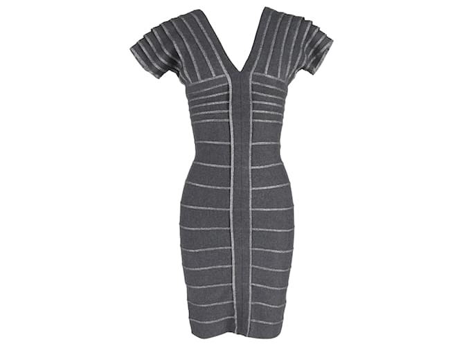 Herve Leger Robe fourreau à encolure en V filetée en rayonne grise Coton  ref.1403746