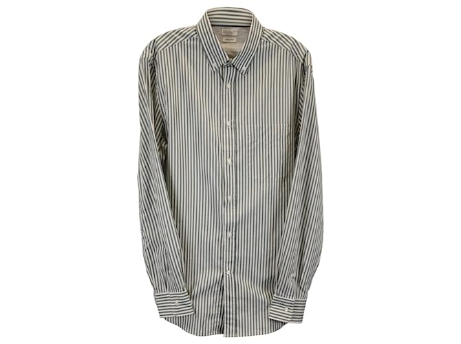 Camisa listrada de botões Brunello Cucinelli em algodão branco e azul Azul claro  ref.1403769