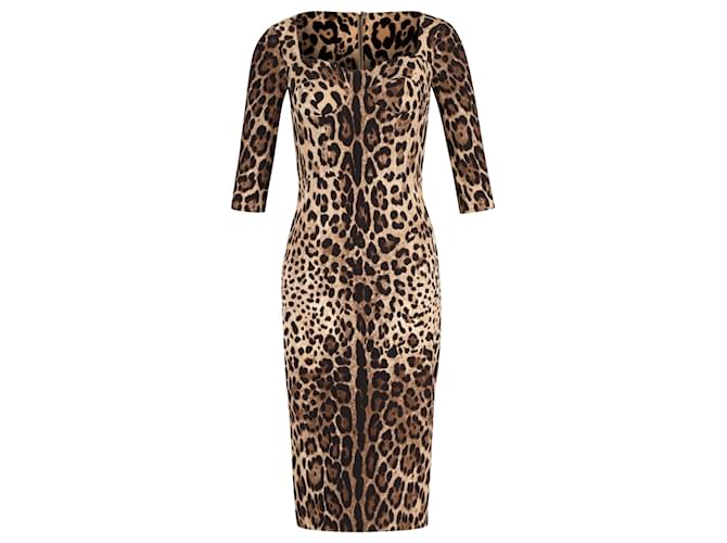 Dolce & Gabbana Robe mi-longue bustier à imprimé léopard en viscose marron Fibre de cellulose  ref.1403793