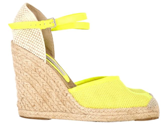 Stella Mc Cartney Stella McCartney Espadrille compensée avec bride de cheville en maille et jute jaune fluo  ref.1403804