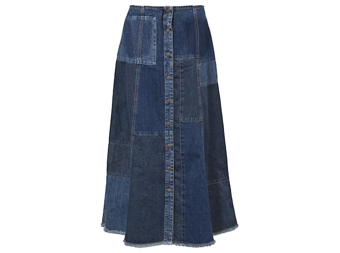 McQ By Alexander McQueen Patchwork A-line Midi Skirt in Blue Denimalexande Light blue Cotton  ref.1403809