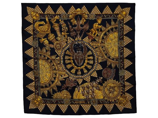 Hermès Hermes Silk Scarf K24 LOR DES CHEFS 90cm x 90cm Black Gold in Very Good Condition Cloth  ref.1404061