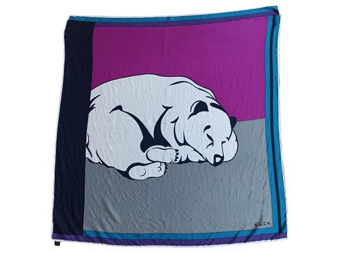 Sciarpa Krizia in seta blu con stampa orso bianco