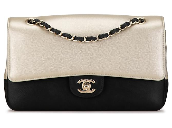 Chanel Aba forrada de caviar bicolor prateada média clássica Prata Couro  ref.1404111