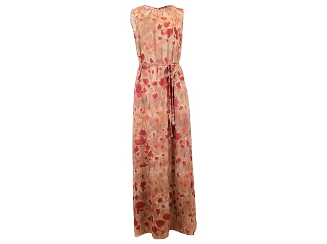 Max Mara Long Sienna Print Sleeveless Belted Dress in Red Silk Dark red  ref.1404192