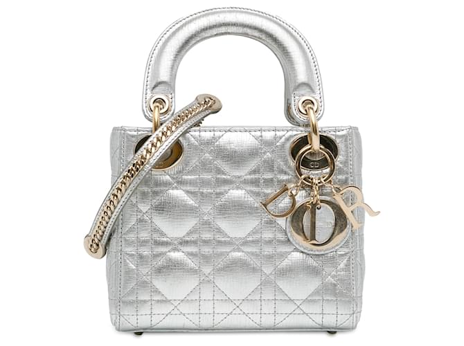 Dior Silver Mini Lambskin Cannage Lady Dior Silvery Leather  ref.1404447