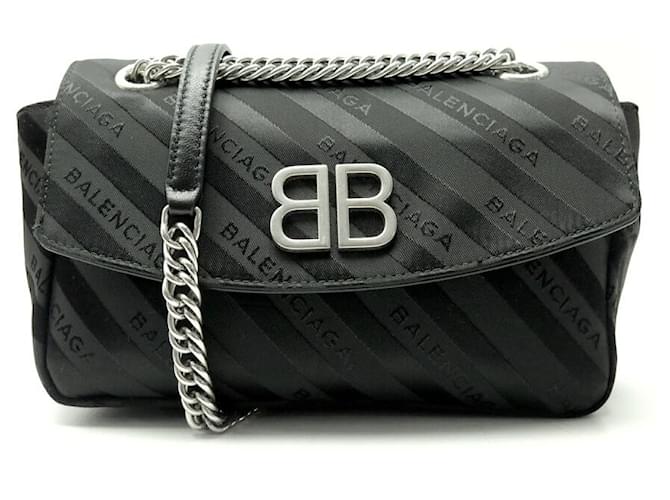 NEUF SAC A MAIN BALENCIAGA BB CHAIN ROUND 501681 BANDOULIERE TOILE & CUIR Noir  ref.1404496