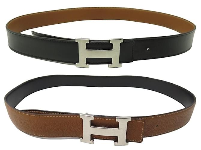 Hermès HERMES BELT H BUCKLE 32MM T90 REVERSIBLE LEATHER LINK BLACK BOX TOGO BELT  ref.1404508