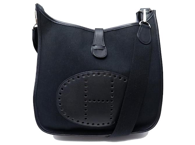 Hermès SAC A MAIN HERMES EVELYNE 29 EN TOILE ET CUIR NOIR BANDOULIERE PURSE HAND BAG  ref.1404534