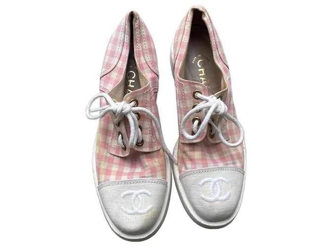 Scarpe Derby Chanel Vichy Rosa e Bianco Cotone