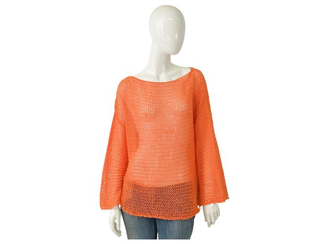 Vicolo Glitzerndes Orangefarbenes Stricktop mit Lochmuster