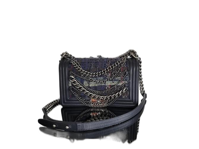 Bolsa de ombro média Chanel Blue Tweed Leather Enchained Boy Multicor  ref.1404828