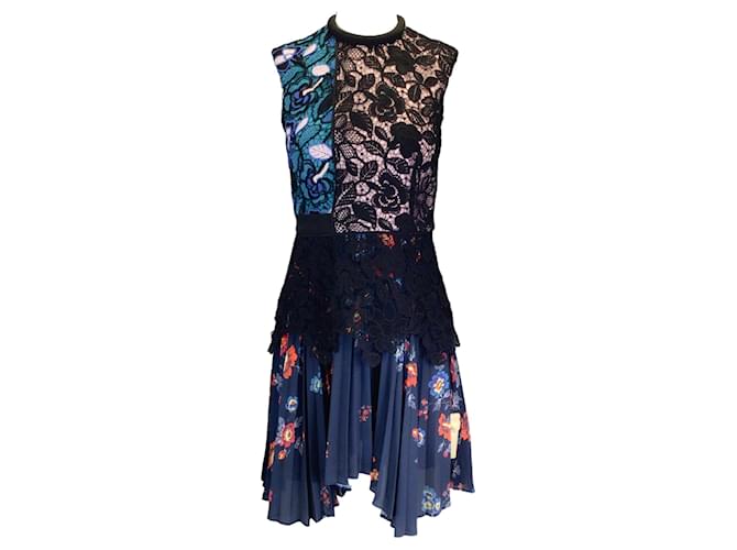 Autre Marque Self-Portrait Black / Teal Multi Printed Pleated Sleeveless Lace Dress Multiple colors Polyester  ref.1404874