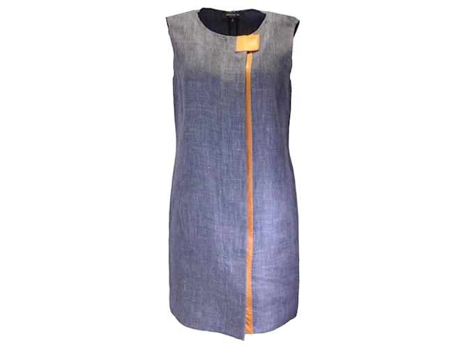 Autre Marque Lafayette 148 New York Blue / Brown Leather Trimmed Sleeveless Linen Chambray Shift Dress  ref.1404881