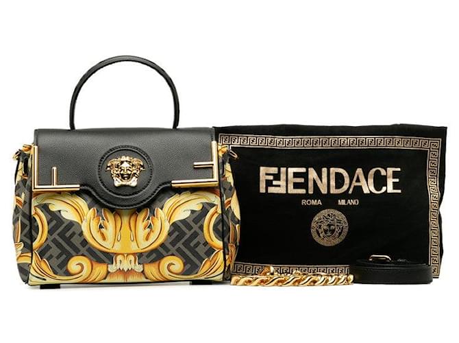 Sac à main Fendi Versace Fendace La Medusa en cuir moyen 2WAY en excellent état Noir  ref.1405201