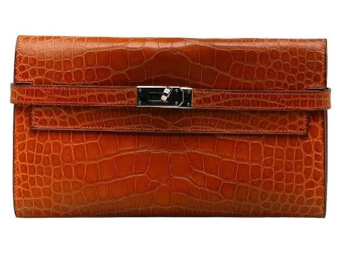 Hermès Hermes Alligator Kelly Wallet Long Diplayant Orange in Very Good Condition Leather  ref.1405242