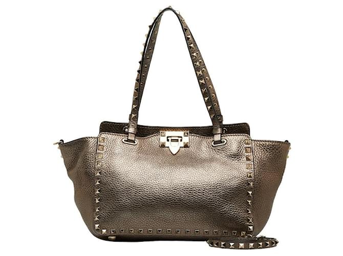 Bolsa de couro Valentino Rockstuds 2WAY Prata Marrom em muito bom estado  ref.1405280