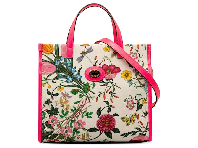 Bolso satchel Flora de lona mediano blanco de Gucci Cuero Lienzo Becerro Paño  ref.1405919