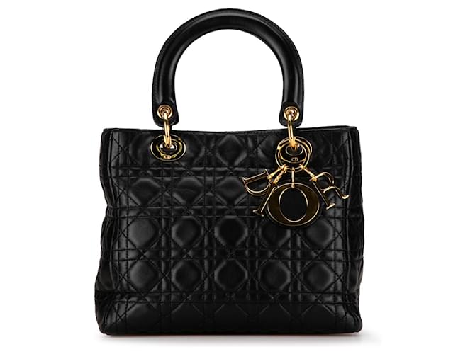 Dior Preto Médio Pele de Cordeiro Cannage Lady Dior Couro  ref.1405951