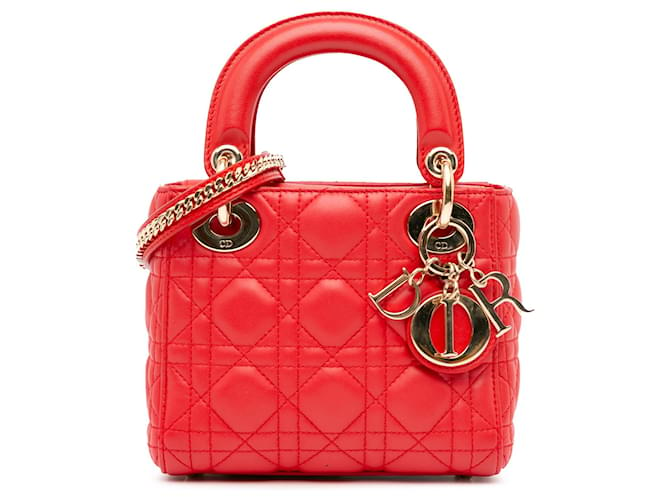 Dior Red Mini Lambskin Cannage Lady Dior Leather  ref.1405960