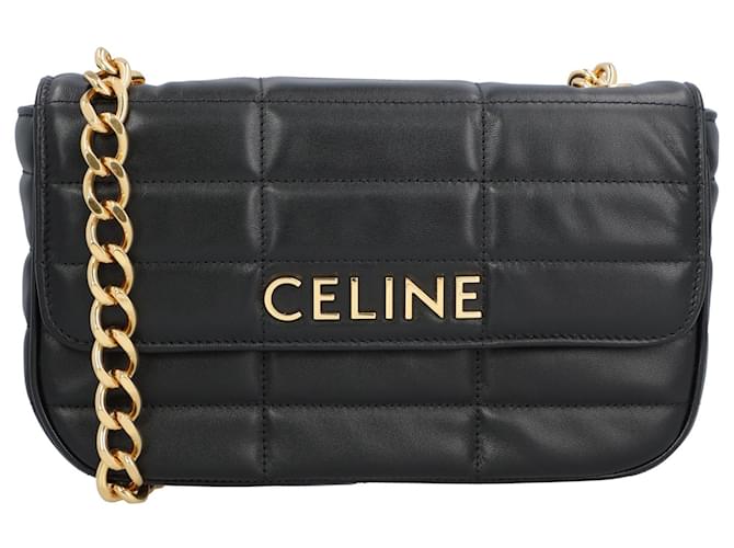 Céline Bolsa de Ombro com Corrente Celine Matelassê Monocromática Celine Em Couro de Bezerro Acolchoado Preto  ref.1405994