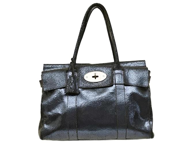 Bolsa de mão Mulberry Bayswater em couro azul escuro metálico desgastado com ferragens em tom de arma de fogo.  ref.1406252