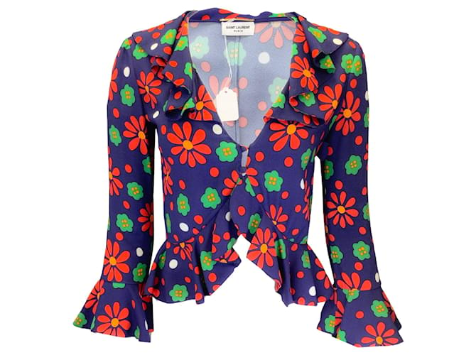 Saint Laurent Blue Rouge Vert Ruffled Floral Printed Crepe Blouse Multiple colors Viscose  ref.1406289