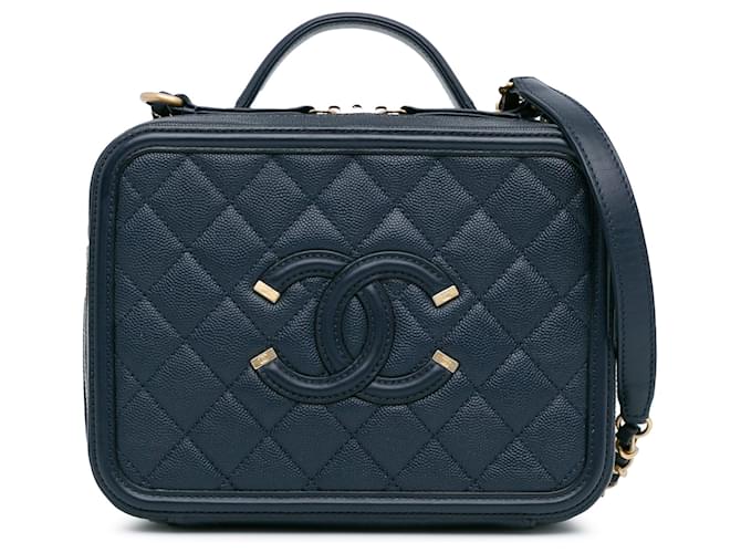 Blue Chanel Medium Caviar CC Filigree Vanity Case Satchel Leather  ref.1406320