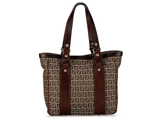 Borsa tote in tela marrone Fendi Zucchino Pelle  ref.1406331