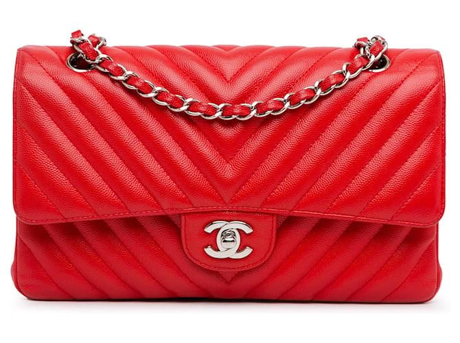 Bolsa de ombro Red Chanel Medium Classic Chevron Caviar Double Flap Vermelho Couro  ref.1406336