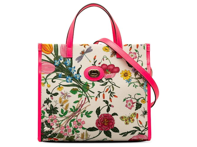 Weiße, mittelgroße Umhängetasche aus Gucci-Canvas „Flora“ Leder  ref.1406417