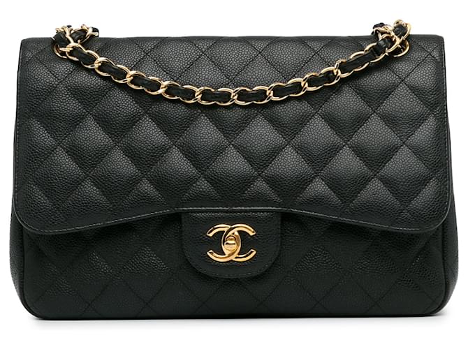 Bolsa de Ombro Chanel Jumbo Classic Caviar Dupla Aba Preta Preto Couro  ref.1406460