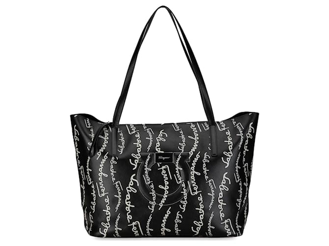 Salvatore Ferragamo Bolso tote de cuero con estampado del logo Gancini de Ferragamo negro  ref.1406487