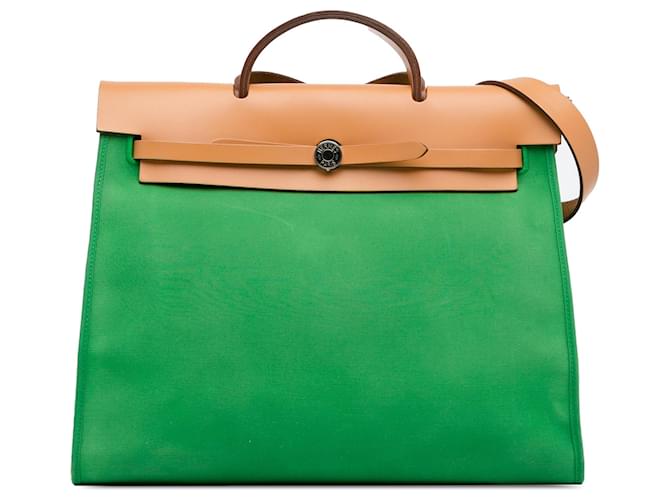 Hermès Hermes Toile Herbag Zip Verde 39 Sacola Couro  ref.1406534