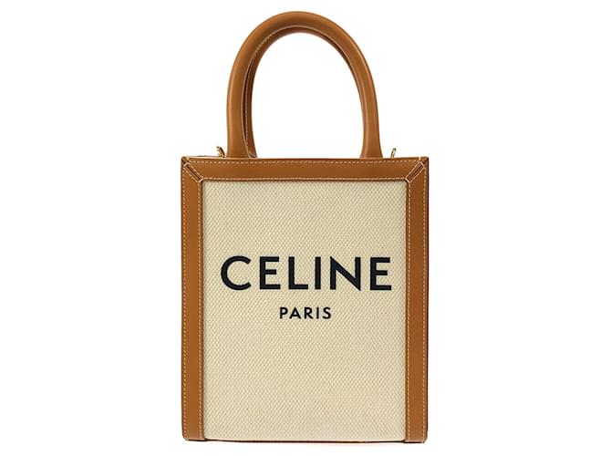 Céline Bolsa Celine Mini Lona Vertical Bege Cabas Couro  ref.1406546