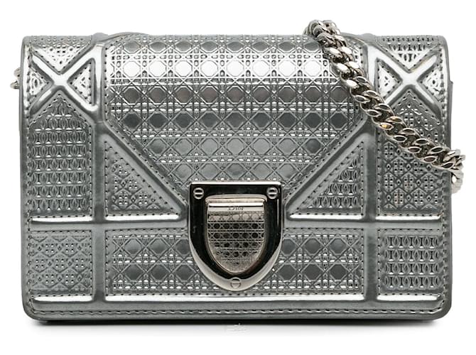 Silver Dior Baby Patent Microcannage Diorama Crossbody Silvery Leather  ref.1406549