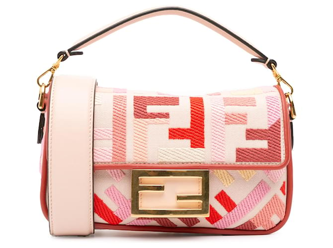 Fendi – Mini-Baguette-Umhängetasche mit Zucca-Stickerei in Rosa Pink Leinwand Tuch  ref.1407678