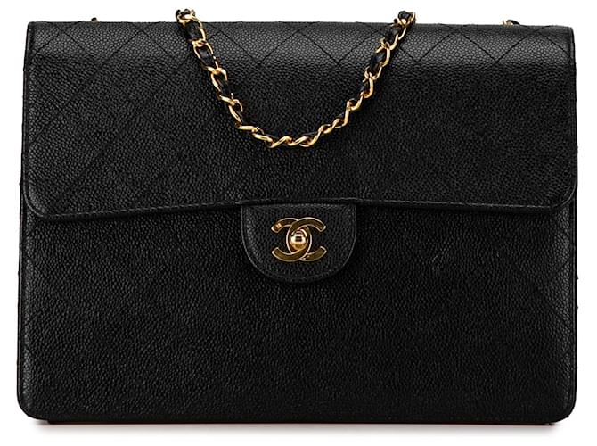 Chanel Preto CC Caviar Acolchoado Aba Única Couro  ref.1407686