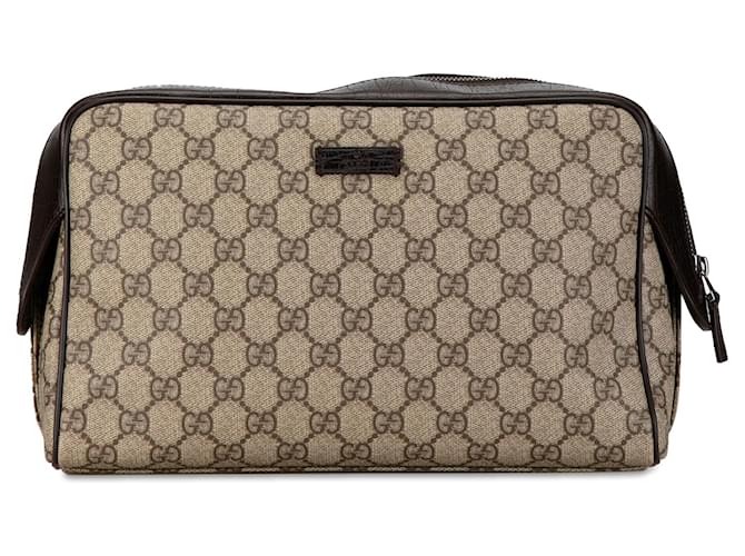 Gucci Brown GG Supreme Clutch Beige Leather Cloth Pony-style calfskin Cloth  ref.1407687